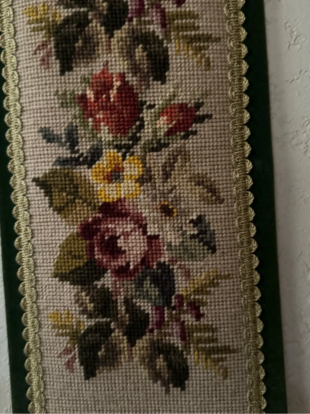 Vintage Floral Needlepoint Wall Tapestry in Green and Burgundy Floral design